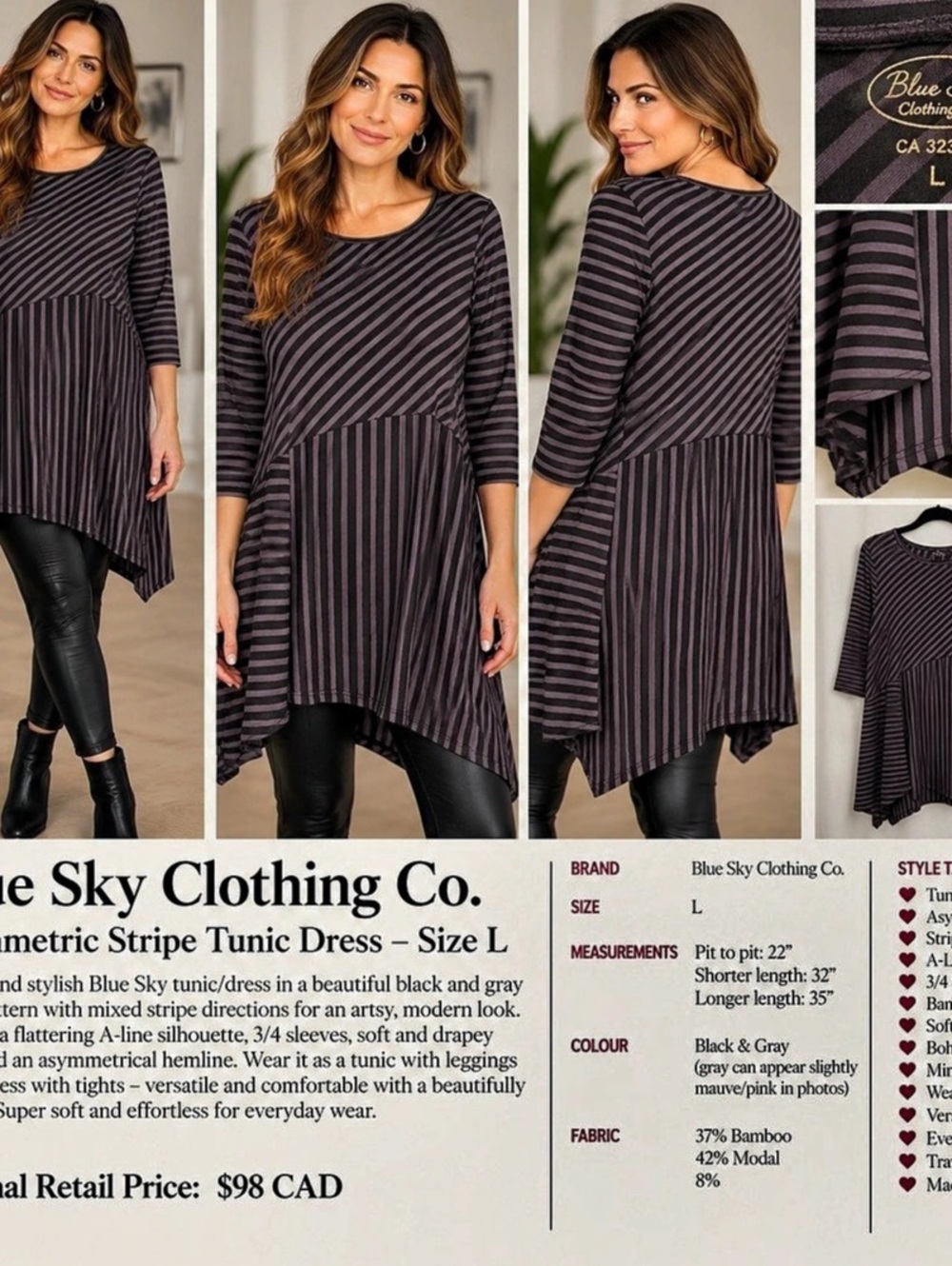 22” ptp Blue Sky Clothing Co. Asymmetric Stripe Tunic Dress. Striped Asymmetrica